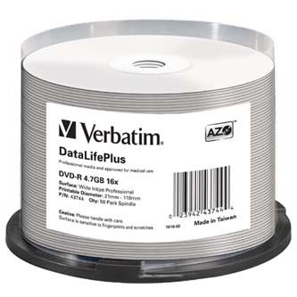 Verbatim DVD-R DataLifePlus AZO 4,7 GB 16× Wide Inkjet Printable, 50 ks – 43744