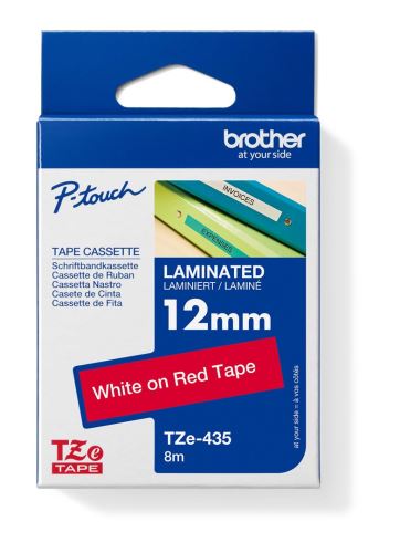 Páska do štítkovače Brother TZe-435, 12mm, bílý tisk/červený podklad, originál