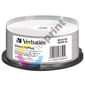 50GB Verbatim BD-R DL, DataLifePlus, Wide Thermal Printable, 43750, 6x, 25-pack