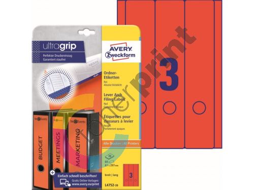 Barevné etikety na pořadače Ultragrip 61 x 297 mm, 20 listů A4, červená L4752-20 1