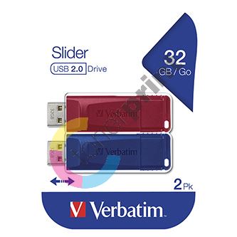 Verbatim USB flash disk, USB 2.0, 32GB, Slider, červený, modrý, 49327, USB A, s výsuvným k