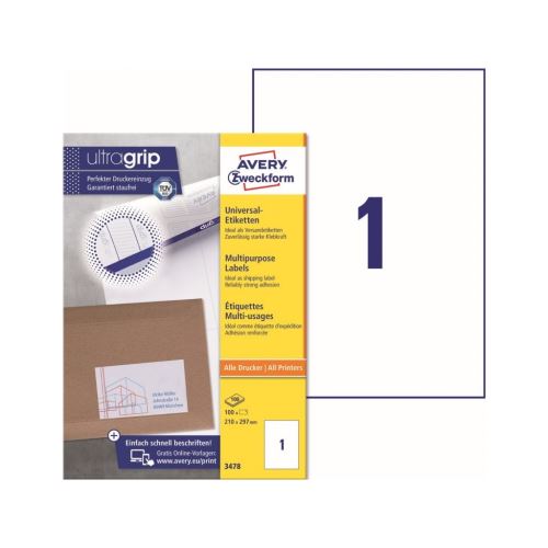 Univerzální etikety AVERY 210x297 mm 100 listů A4 - 3478 1