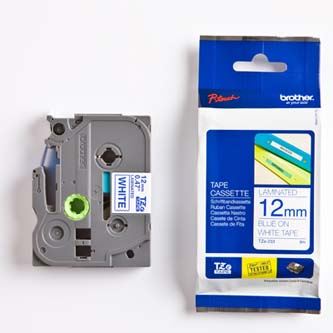 Páska do štítkovače Brother TZE-233, 12mm, modrý tisk/bílý podklad, originál
