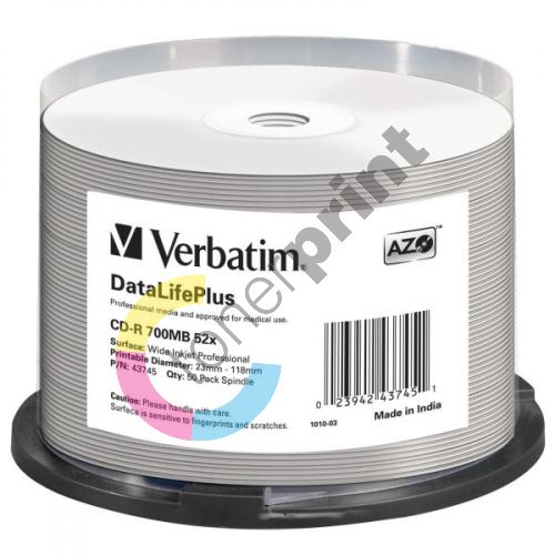 Verbatim CD-R, DataLifePlus, 700MB, Wide Inkjet, cake, 43745, 52x, 50-pack 1