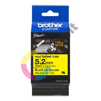 Brother originální páska do tiskárny štítků, Brother, HSE-611E, černý tisk/žlutý podklad, 1.5m, 5.2mm