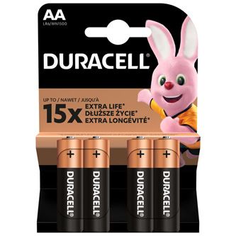 Tužkové baterie Duracell AA / LR6 / MN1500 / Mignon, alkalické 1,5 V, 4 ks