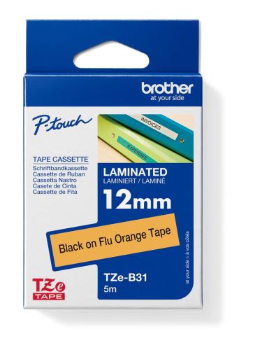 Páska do štítkovače Brother TZE-B31, 12mm, černý tisk/signální oranžový, originál