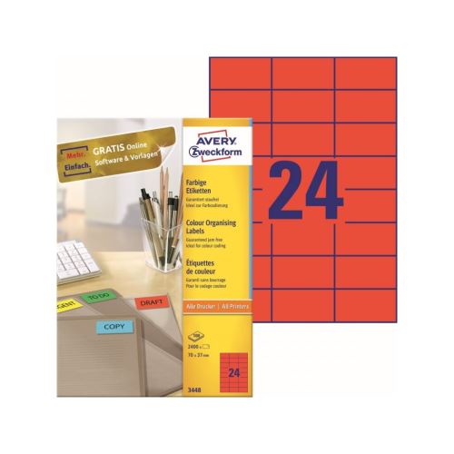 Barevné etikety univerzální AVERY 70x37 mm 100 listů A4 červené - 3448 1