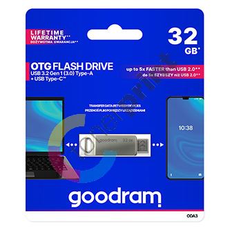 Goodram USB flash disk, USB 3.0, 32GB, ODA3, stříbrný, ODA3-0320S0R11, USB A / USB C, s otočnou krytkou