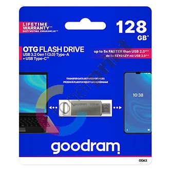 Goodram USB flash disk, USB 3.0, 128GB, ODA3, stříbrný, ODA3-1280S0R11, USB A / USB C, s otočnou krytkou
