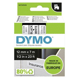 Páska Dymo D1 12mm x 7m, černý tisk/bílý podklad, 45013, S0720530