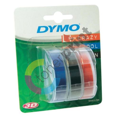 Páska Dymo 9mm x 3m černý tisk/černý, modrý, červený podklad, 3D, 1 blistr/3ks, 1