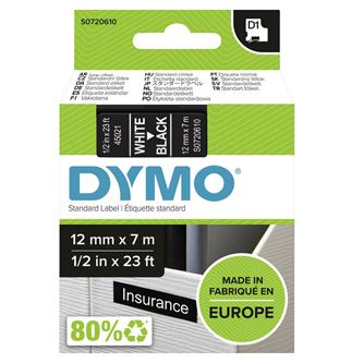 Páska Dymo D1 12 mm bílý tisk/černý podklad, 45021, S0720610