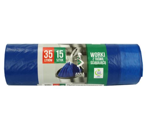 Pytel do koše  35l, 15ks Supersilné, modrý se zatahovacím páskem F432047