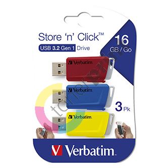 Verbatim USB flash disk, USB 3.0, 16GB, Store N Click, mix barev, 49306, USB A, s výsuvným konektorem, 3ks