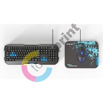 E-blue Polygon, sada klávesnice s myší Cobra II, US, herní, a podložkou Mazer Marface S typ drátová (USB), černo-modrá