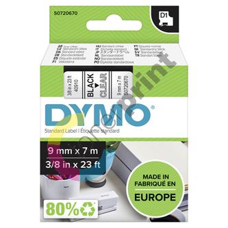 Páska Dymo D1 9 mm x 7m, černý tisk/průhledný podklad, 40910, S0720670