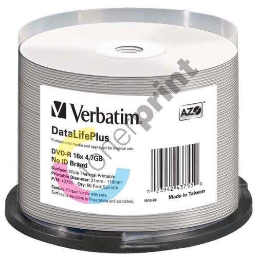 Verbatim DVD-R, DataLife PLUS, 4,7 GB, Wide Thermo Printable, cake box, 43755, 1