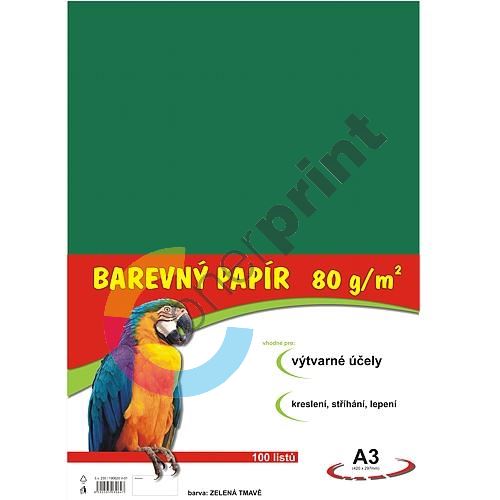 Barevný papír A3, 80g, tmavě zelený, 100 listů