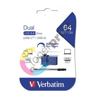 Verbatim USB flash disk OTG, USB 3.0, 64GB, Dual, modrý, 49967, USB A / USB C, s poutkem