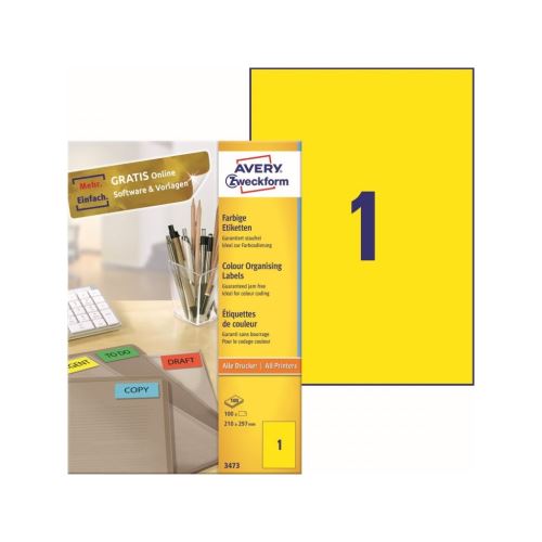 Barevné etikety univerzální AVERY 210x297 mm 100 listů A4 žluté - 3473 1