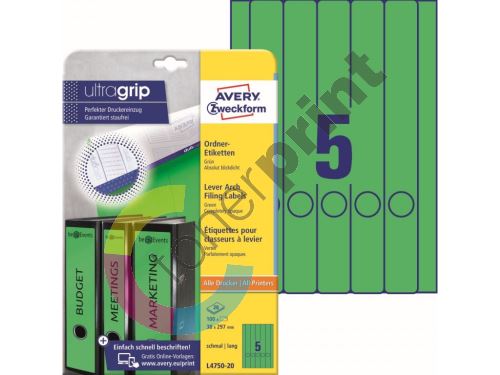 Barevné etikety na pořadače Ultragrip 38 x 297 mm,  20 listů A4. zelená L4750-20 1