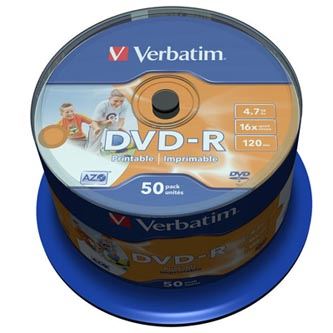 Verbatim DVD-R AZO 4,7 GB 16× Wide Inkjet Printable, 50 ks Spindle – 43533