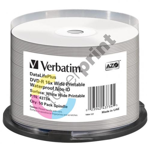 Verbatim DVD-R, Waterproof, 4,7 GB, 12cm, Wide Printable, cake box, 43734, 16x, 1