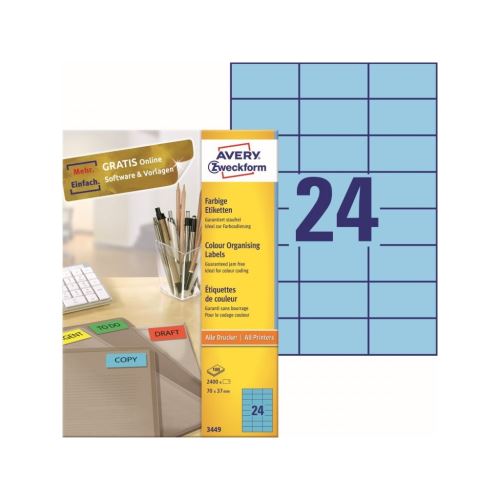 Barevné etikety univerzální AVERY 70x37 mm 100 listů A4 modré - 3449 1