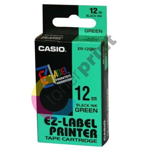 Páska Casio XR-12GN1 12mm černý tisk/zelený podklad 1