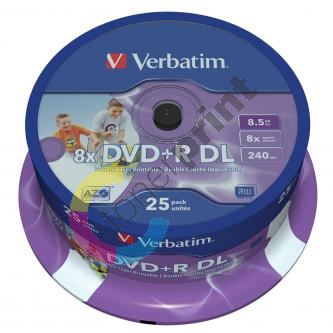 Verbatim DVD+R, DataLife PLUS, 8,5 GB, Wide Printable, cake box, 43667, 8x, 25-pack