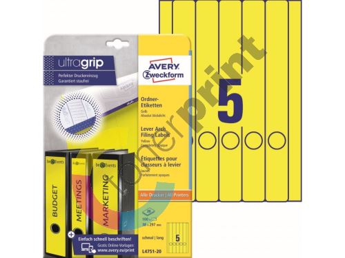 Barevné etikety na pořadače Ultragrip 38 x 297 mm, 20 listů A4, žlutá L4751-20 1