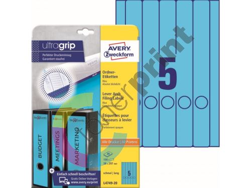 Barevné etikety na pořadače Ultragrip 38 x 297 mm, 20 listů A4, modrá L4749-20 1