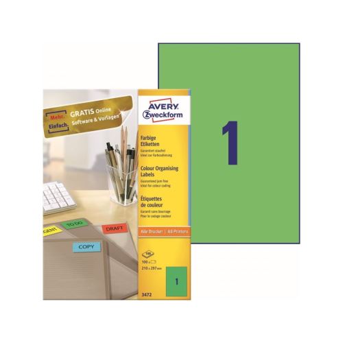 Barevné etikety univerzální AVERY 210x297 mm 100 listů A4 zelené- 3472 1