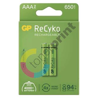 Nabíjecí baterie, AAA (HR03), 1.2V, 650 mAh, GP, papírová krabička, 2-pack, ReCyko
