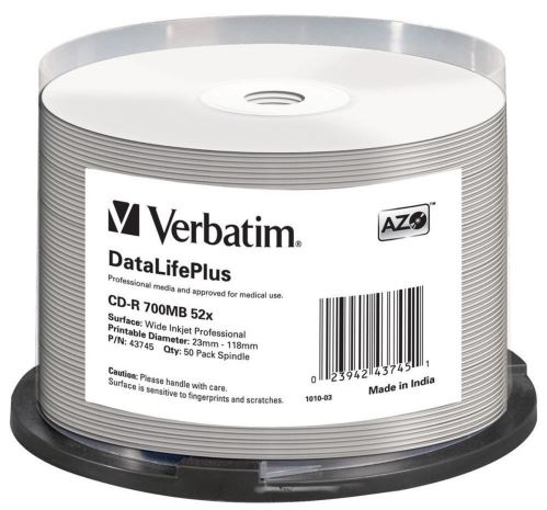 Verbatim CD-R DataLifePlus 700 MB 52× Wide Inkjet Professional, 50 ks Spindle – 43745