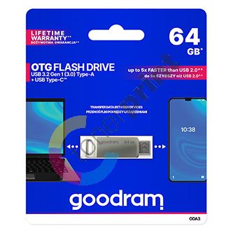 Goodram USB flash disk, USB 3.0, 64GB, ODA3, stříbrný, ODA3-0640S0R11, USB A / USB C, s ot