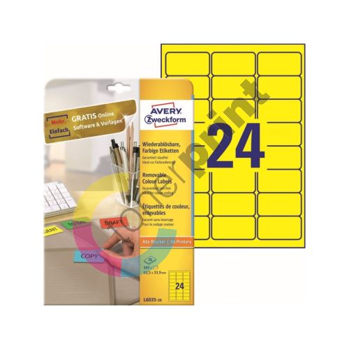 Barevné samolepící etikety 63,5 x 33,9 mm, 20 listů A4, žlutá L6035-20 1