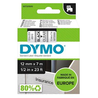 Páska Dymo D1 12 mm x 7m, černý tisk/průhledný podklad, 45010, S0720500