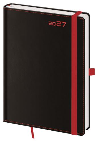 Denní diář A5 2027 – Black Red, s poutkem na propisku, gumička