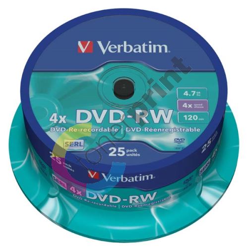 Verbatim DVD-RW, DataLife PLUS, 4,7 GB, Scratch Resistant, cake box, 443639, 4x, 1