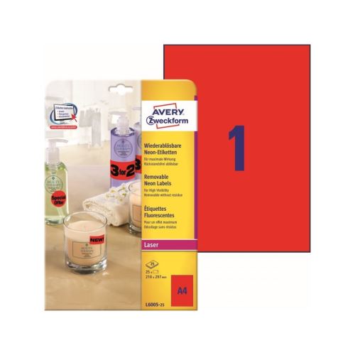 Neonové etikety AVERY 210x297 mm červené A4 - L6005-25 1