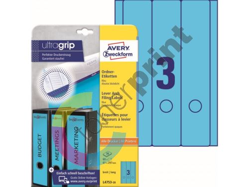 Barevné etikety na pořadače Ultragrip 61 x 297 mm, 20 listů A4, modrá L4753-20 1
