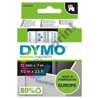 Páska Dymo D1 12 mm x 7m, modrý tisk/průhledný podklad, 45011, S0720510