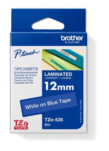 Páska do štítkovače Brother TZe-535, 12mm, bílý tisk/modrý podklad, originál